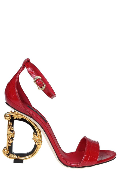 Dolce & Gabbana Barocco-heel Croco Ankle-strap Sandals In Red