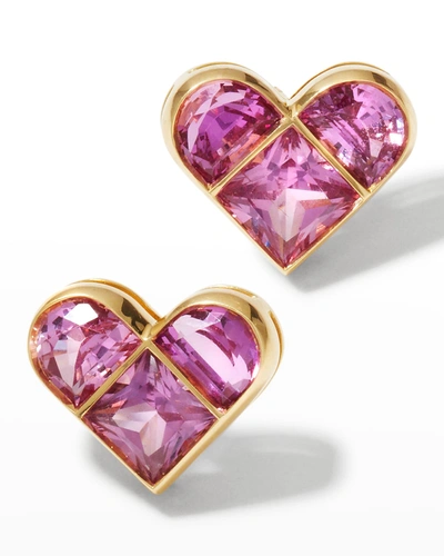 Nm Estate Yellow Gold Pink Sapphire Heart Stud Earrings