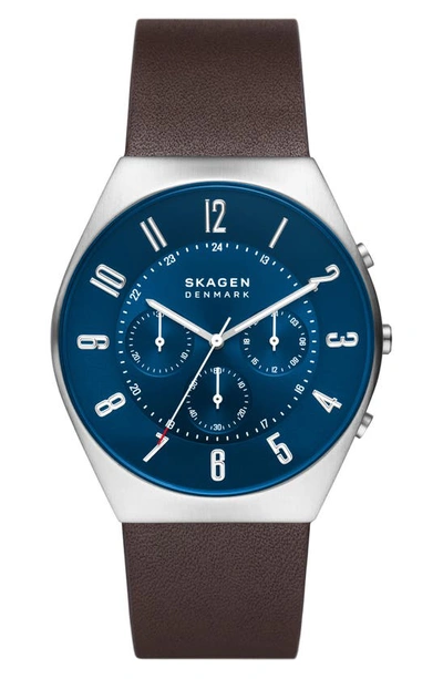 Skagen Men's Grenen Chronograph Espresso Leather Strap Watch 42mm In Blue/brown