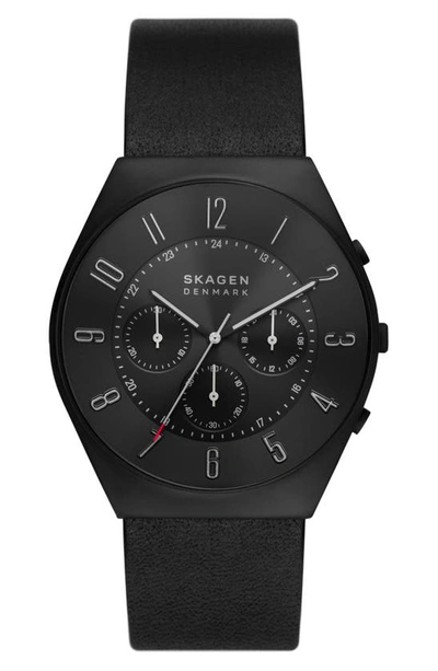 Skagen Men's Grenen Chronograph Midnight Leather Strap Watch 42mm In Black