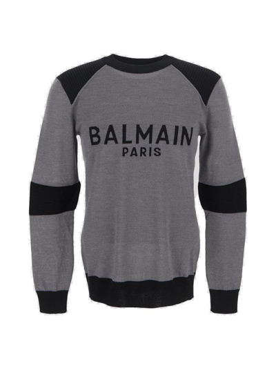 Balmain Fine-knit Jacquard-logo Jumper In Grey,black