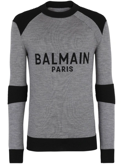 Balmain Fine-knit Jacquard-logo Jumper In Grey