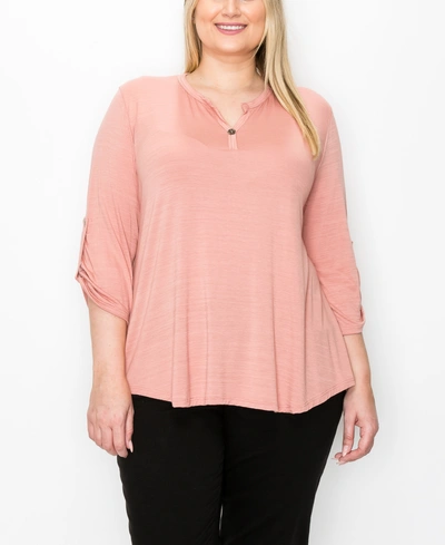 Coin Plus Size 1 Button Henley Rolled Tab 3/4 Sleeve Top In Papaya