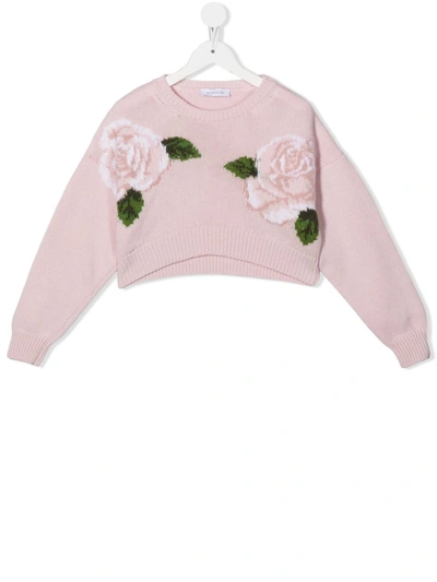 Monnalisa Kids' Floral Intarsia-knit Cropped Sweater In Rosa Antico Couture
