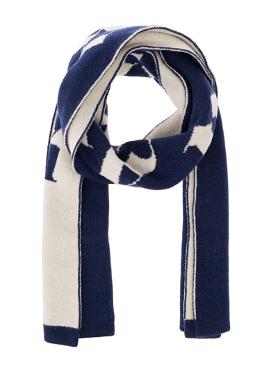 Palm Angels Logo-intarsia Double-sided Knitted Scarf In Navy