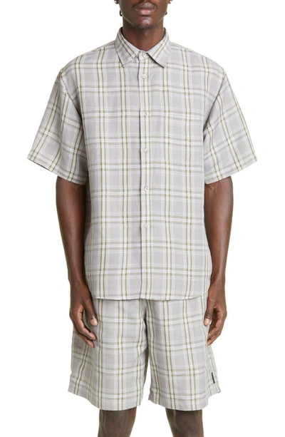 Flagstuff Original Check Short Sleeve Linen Blend Button-up Shirt In Grey