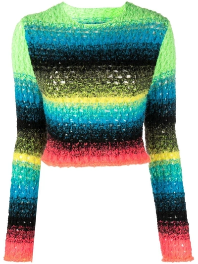 Agr Green Striped Knitted Cropped Sweater In Multi