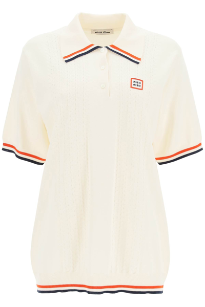 MiuMiu 関税込 Cotton polo shirt Miu Miu Polo Shirt In Silk And Cotton Knit In White | ModeSens