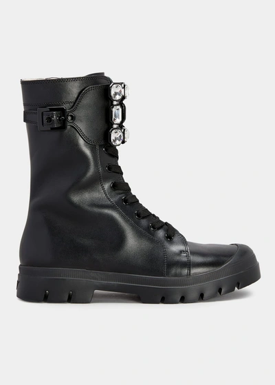 Roger Vivier Walkyviv Calfskin Crystal-buckle Mid Boots In Black