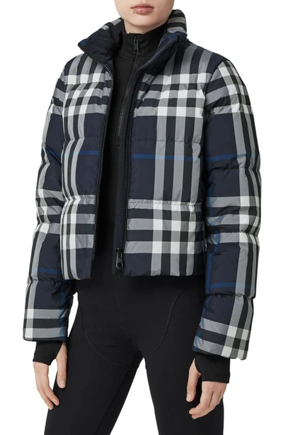 Burberry Aldfield Cropped Check Puffer Jacket In Dark Charcoal Blue/white