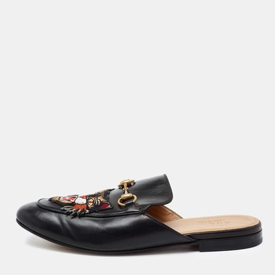 Pre-owned Gucci Black Tiger Patch Leather Princetown Horsebit Mules Size 43