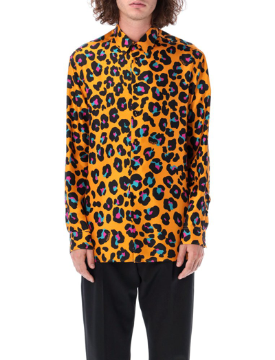 Versace Daisy Leopard Print Silk Button-up Shirt In Orange