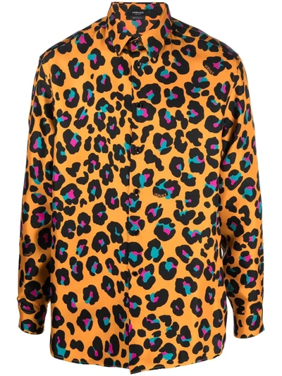 Versace Daisy Leopard Print Silk Button-up Shirt In Orange
