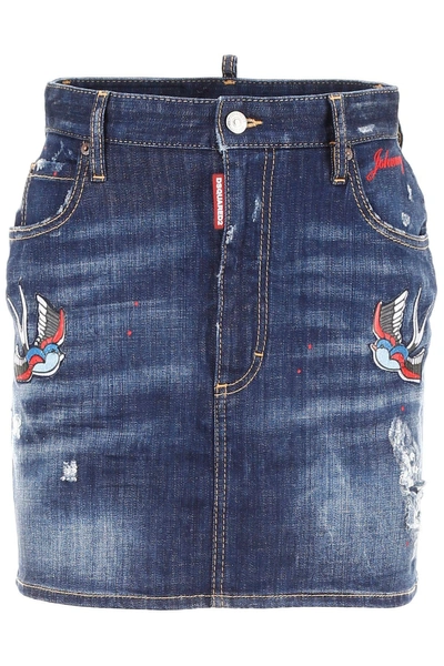 Dsquared2 Denim Skirt With Patches In Blue Denimblu