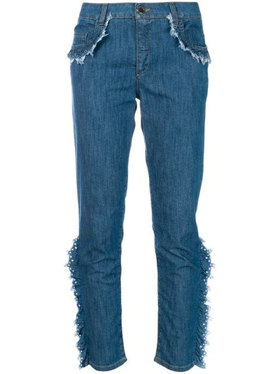 Boutique Moschino Frayed Ruffle Trim Jeans In Blue