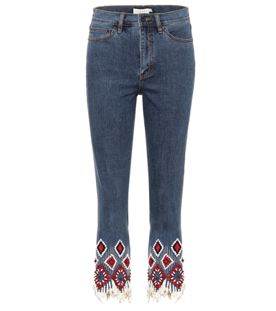 Tory Burch Mia Embroidered-cuff Cropped Jeans In Blue