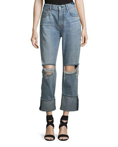 7 For All Mankind Rickie Cropped Wide-cuff Distressed Jeans In Desert Spring
