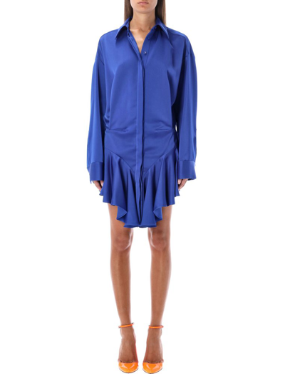 Attico Candice Pleated Satin Mini Shirt Dress In Blue