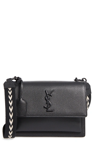 Saint Laurent Medium Sunset Calfskin Shoulder Bag With Woven Guitar Strap - Black In Noir