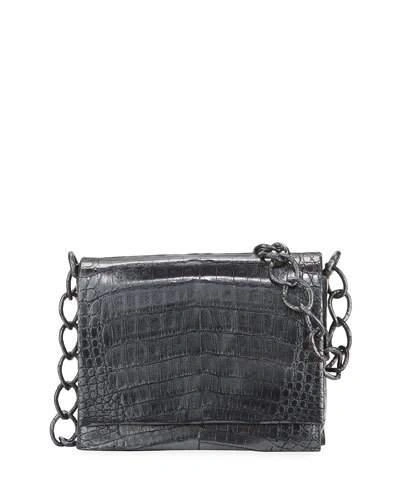 Nancy Gonzalez Small Metallic Crocodile Chain Shoulder Bag In Black