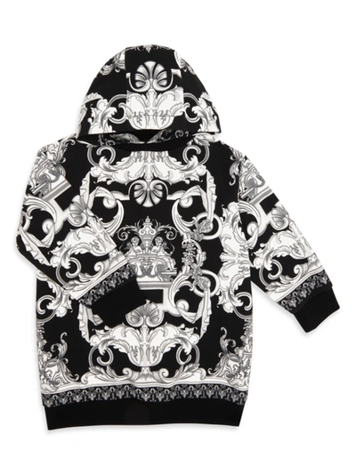 Versace Teen Black Baroque Print Cotton Sweatshirt Dress In Silver