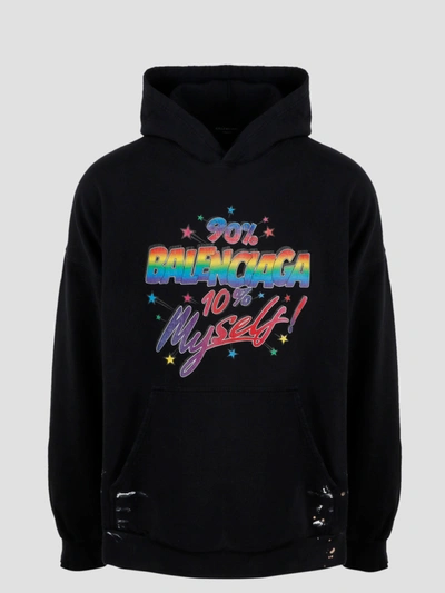 Balenciaga Rainbow Logo Print Hoodie In Washed Black