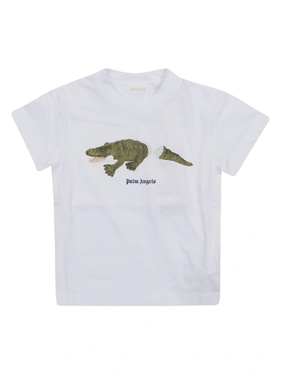 Palm Angels Kids'  Crocodile T-shirt In White Green