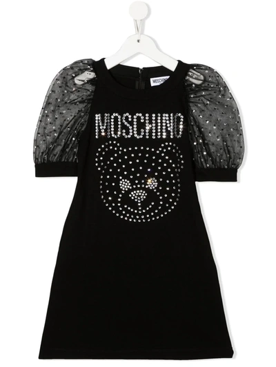 Moschino Kids' Crystal-embellished Puff-sleeve Dress In Black