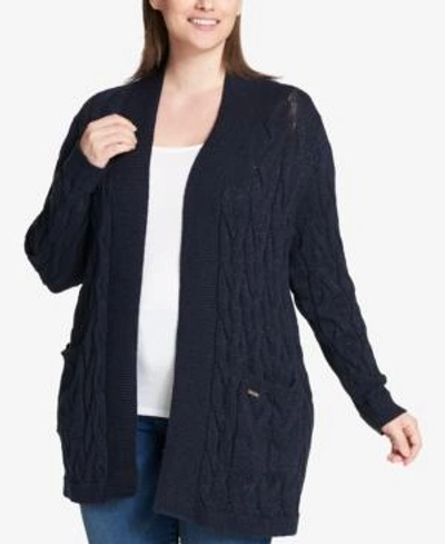 Tommy Hilfiger Plus Size Open-front Cable-knit Cardigan, Created For Macy's In Sky Captain Combo