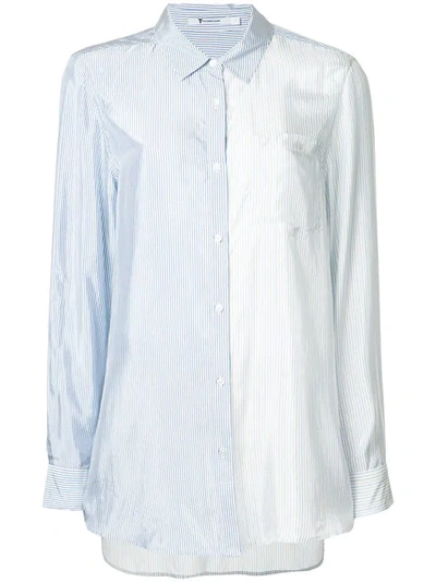 Alexander Wang T Shiny Striped Button Down In 969 Ivory/ Cloud Grey