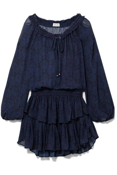 Loveshackfancy Majorelle Ruffled Printed Silk-chiffon Mini Dress In Midnight Blue