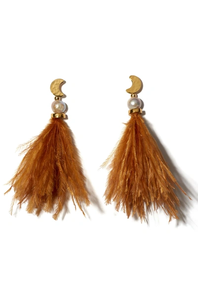 Lizzie Fortunato Orange Feather And Pearl Parker Earrings In Copper