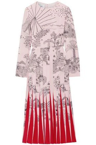 Valentino Pleated Printed Silk Crepe De Chine Midi Dress In Pastel Pink