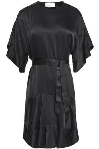 Zimmermann Ruffle-trimmed Belted Silk-satin Dress In Black