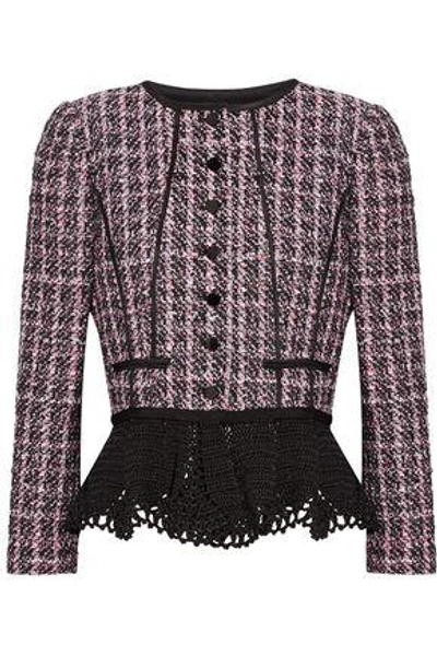 Oscar De La Renta Crochet-trimmed Sequin-embellished Tweed Peplum Jacket In Pink