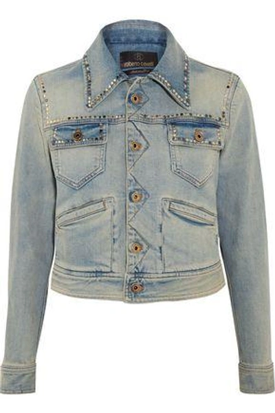 Roberto Cavalli Woman Embroidered Studded Denim Jacket Mid Denim