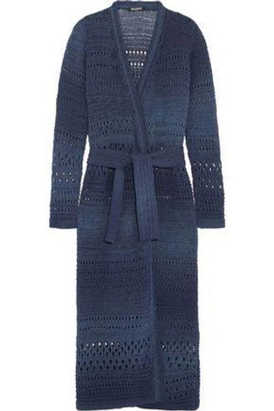 Balmain Woman Metallic Belted Cotton-blend Open-knit Cardigan Navy