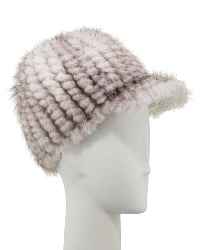 Surell Knit Mink Fur Jockey Hat, Pearl