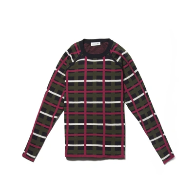Lacoste Women's Crew Neck Graphic Check Cotton And Wool Jacquard Sweater In Navy Blue / Khaki Green / Bordeaux / White