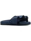 Joshua Sanders Satin Ruffle Slides In Navy