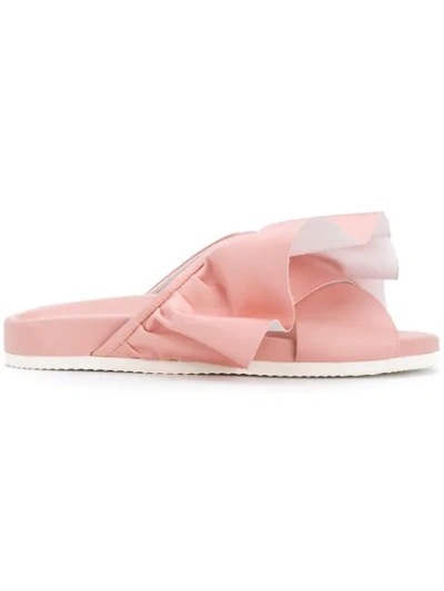Joshua Sanders Shoes Pink Satin Ruffle Slide Sandals