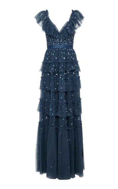 Needle & Thread Embellished Tiered Evening Dress In Navy