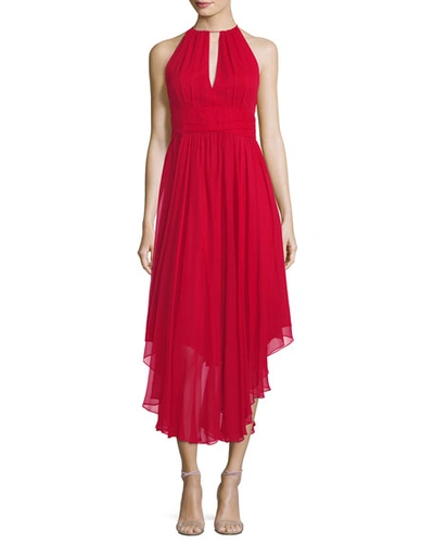 Milly Vena Silk Chiffon Keyhole Midi Cocktail Dress In Red