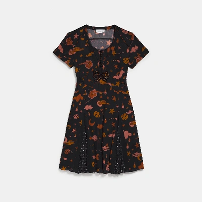 Coach Outerspace Print Pleated Dress In Black - Size 10 In Black/brown