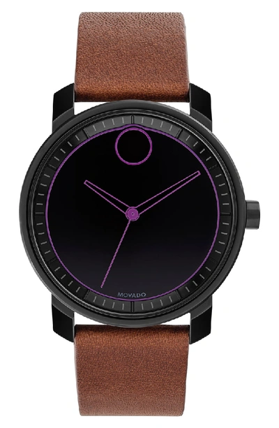 Movado Bold Leather Strap Watch, 41mm In Brown/ Black/ Purple