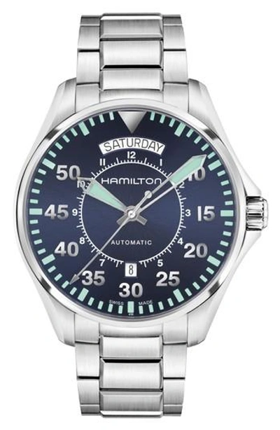 Hamilton Khaki Pilot Automatic Bracelet Watch, 42mm In Silver/ Navy/ Silver