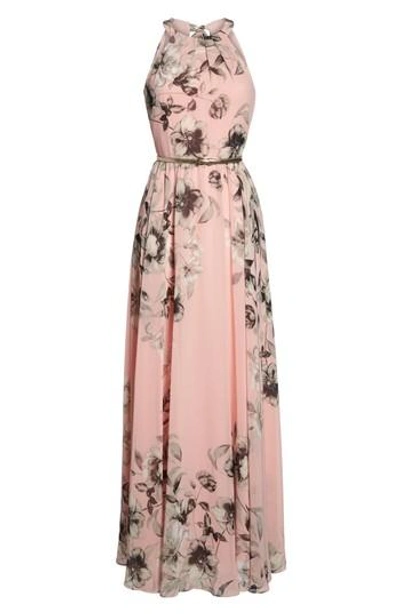 Eliza J Belted Chiffon Halter Maxi Dress In Pink Multi ModeSens