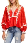 Free People Boogie All Night Embroidered Blouse In Red