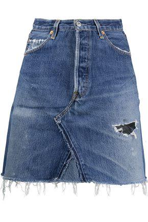 Re/done Woman Frayed Leather-paneled Denim Skirt Mid Denim | ModeSens