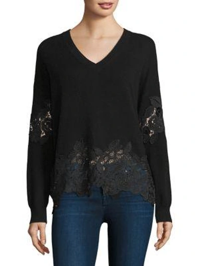 The Kooples Lace-peplum V-neck Sweater In Black